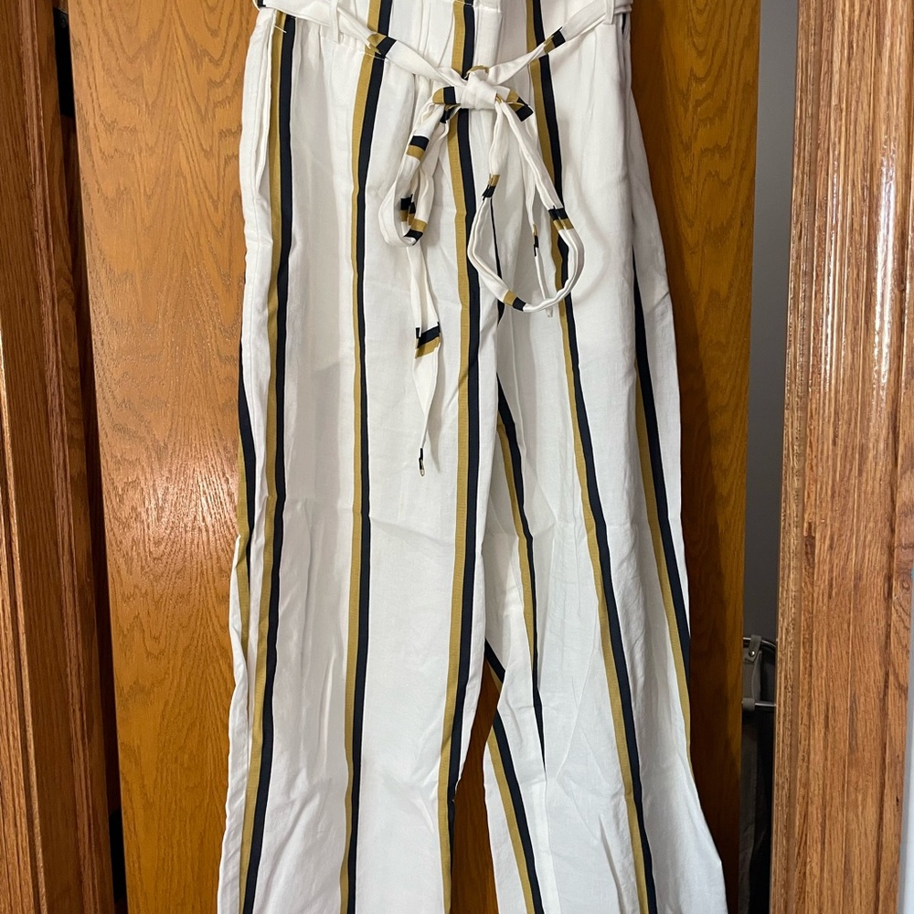 Sancia trousers, white with goldrenrod and black stripes, large.
